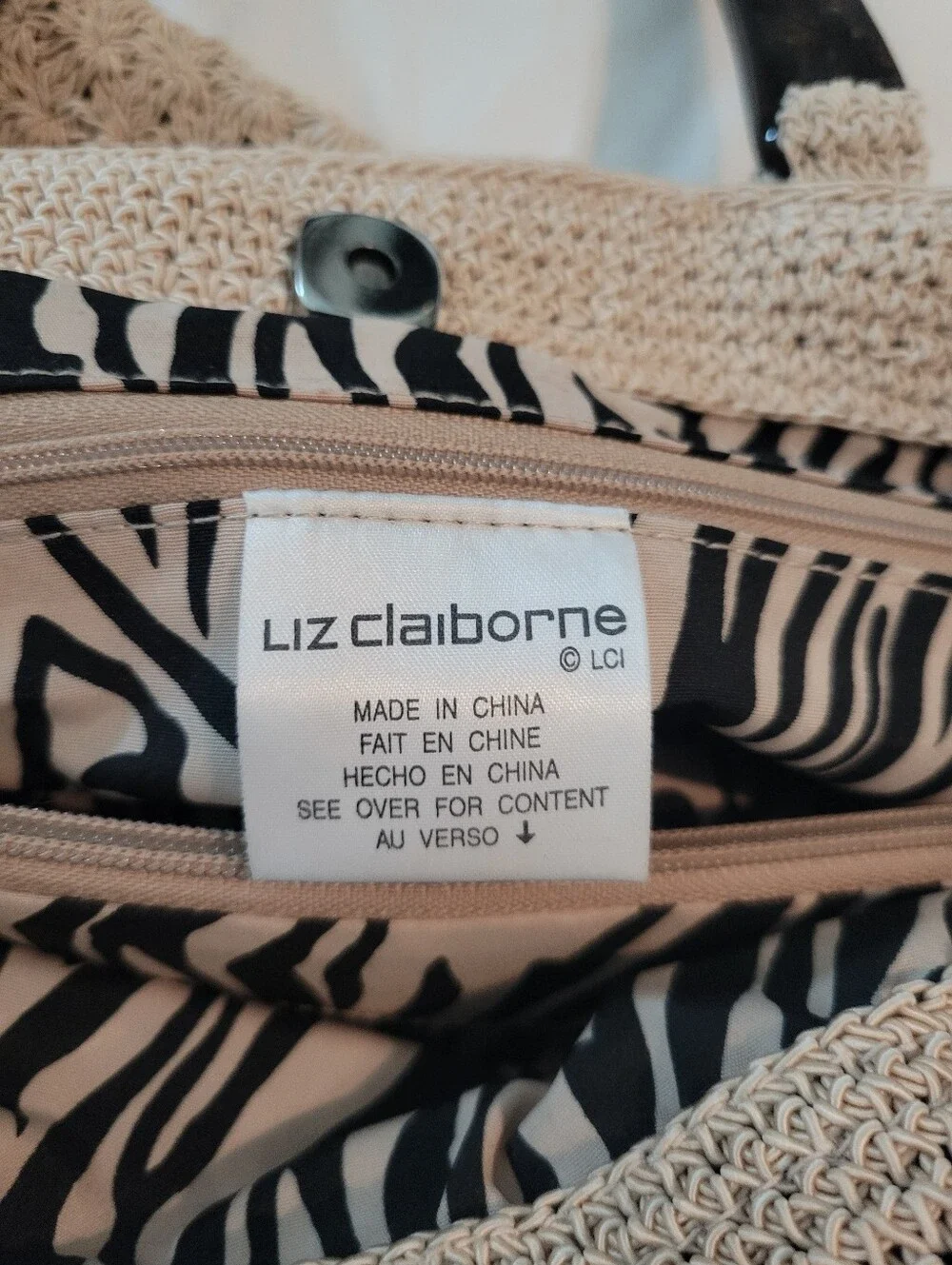 Vintage Liz Claiborne Cream Crochet Star Stitch Handbag Tortoiseshell Handle